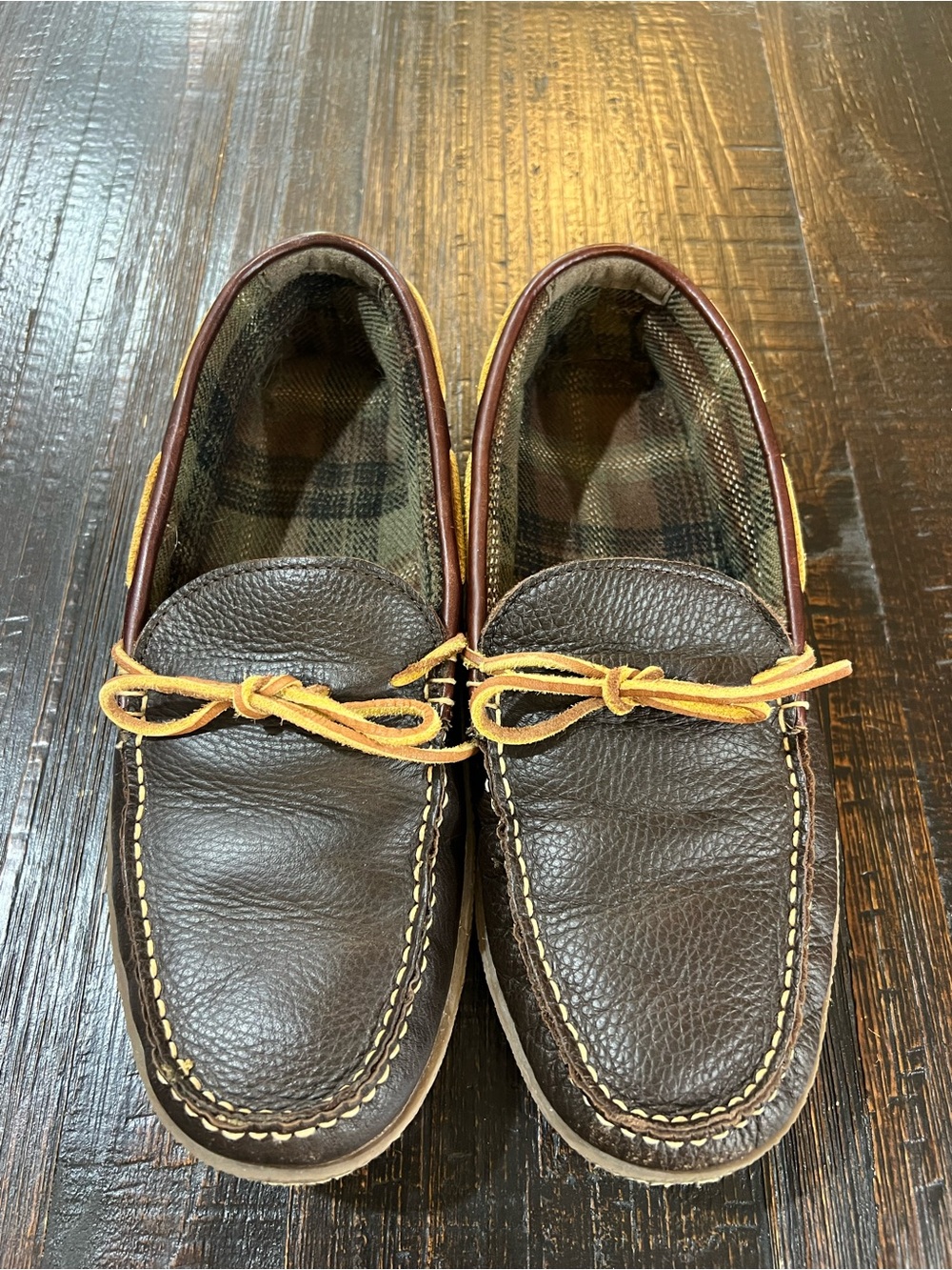 LL Bean Slippers Mens 11 M Brown Leather Flannel Lined Handsewn Moccasin Shoes
